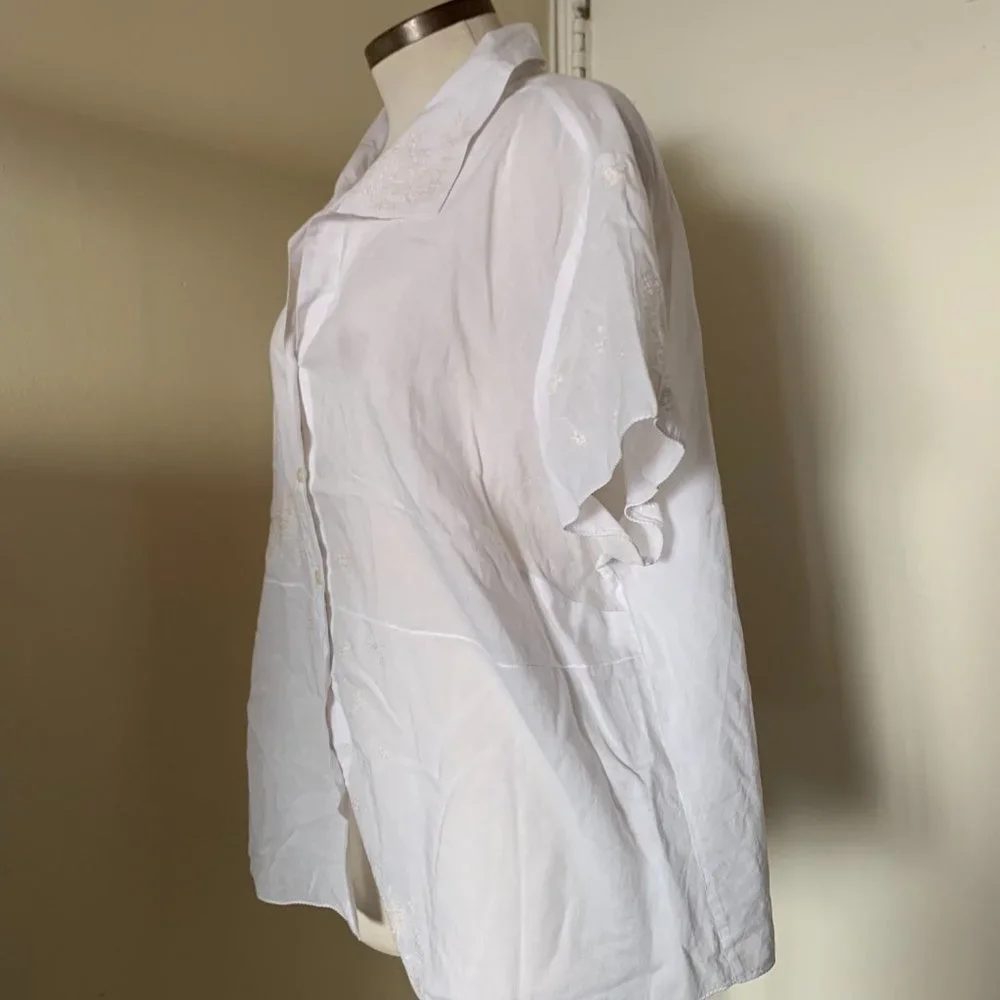 J.JILL WOMENS SHORT SLEEVE WHITE EMBROIDERED BUTTERFLYBLOUSE SIZE 2X 100% COTTON - Picture 8 of 13